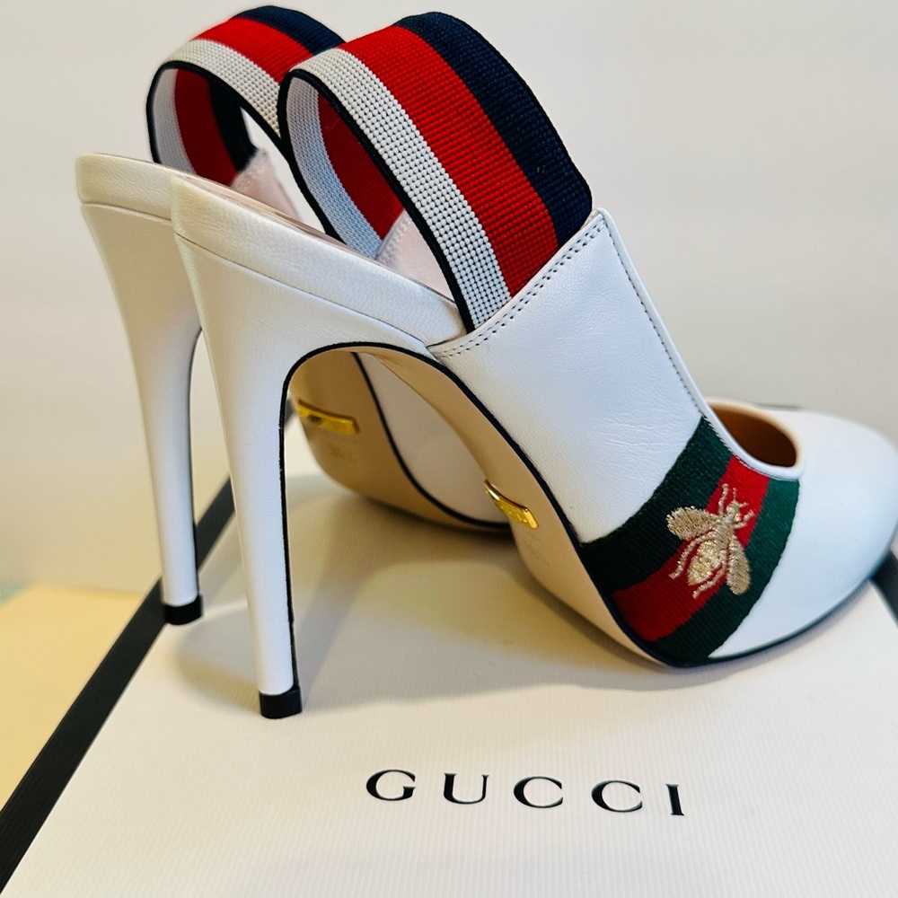 Gucci Sylvie Leather Slingback Pumps with Bee in White 36.5 - Picture 6 of 16
